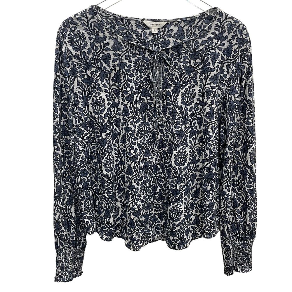 Lucky Brand Vine Print Peasant Top Wide Smocked Cuffs Size Large - Picture 1 of 9